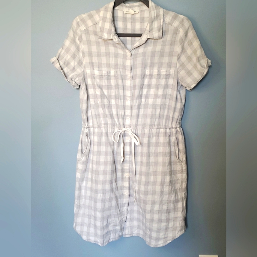 Beach lunch lounge shirt dress gray and white plaid size Medium
